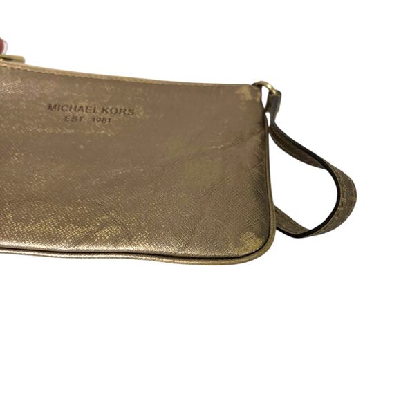 Michael Kors Metallic Wristlet Wallet Gold Leather Medium Card Holder Zip - Picture 11 of 14